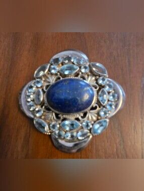 Vintage Himilayan Gems Genuine Silver Lapis Lazuli And Blue Topaz Pin/pendant